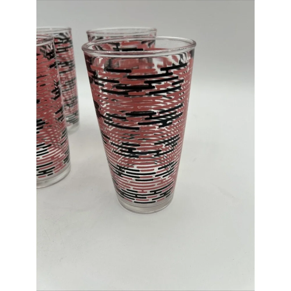 Hazel Atlas Tumblers Set Of 4 Vintage 1950s Pink Black Brick Pattern Glassware